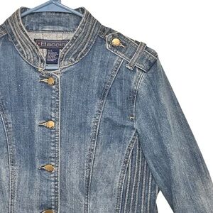 Baccini Women's Large Blue Denim Jacket with Gold Buttons. Intricate Stitching.